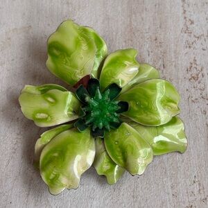 Vintage 1960s Metal & Enamel Green Flower Pin Beaded Center
